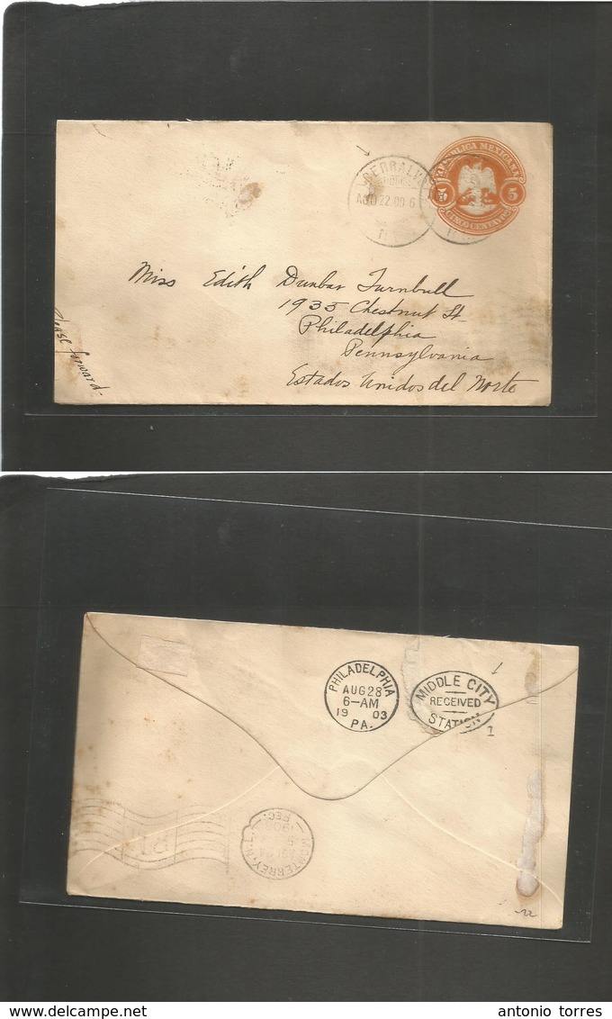 Mexico - Stationery. 1900 (22 Aug) Cerralvo, Nuevo Laredo - USA, PC, Philadelphia. 5c Orange Eagle Embossed Stat Env, Cd - Mexique