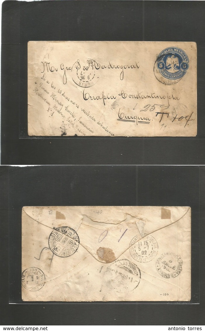 Mexico - Stationery. 1902 (16 Junio) Paruando, Michoacan - Turkey, Constantinople (5 July) 5c Blue Stat Env + Taxed "T-1 - Mexique