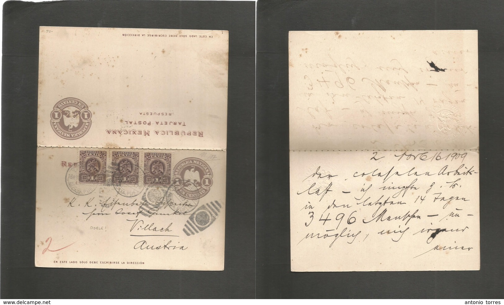 Mexico - Stationery. 1909 (2 Nov) Necaxa - Austria, Villach. 1c Lilac Embossed Eagle Doble Stat Card + 3 Adtls, Use Way  - Mexique