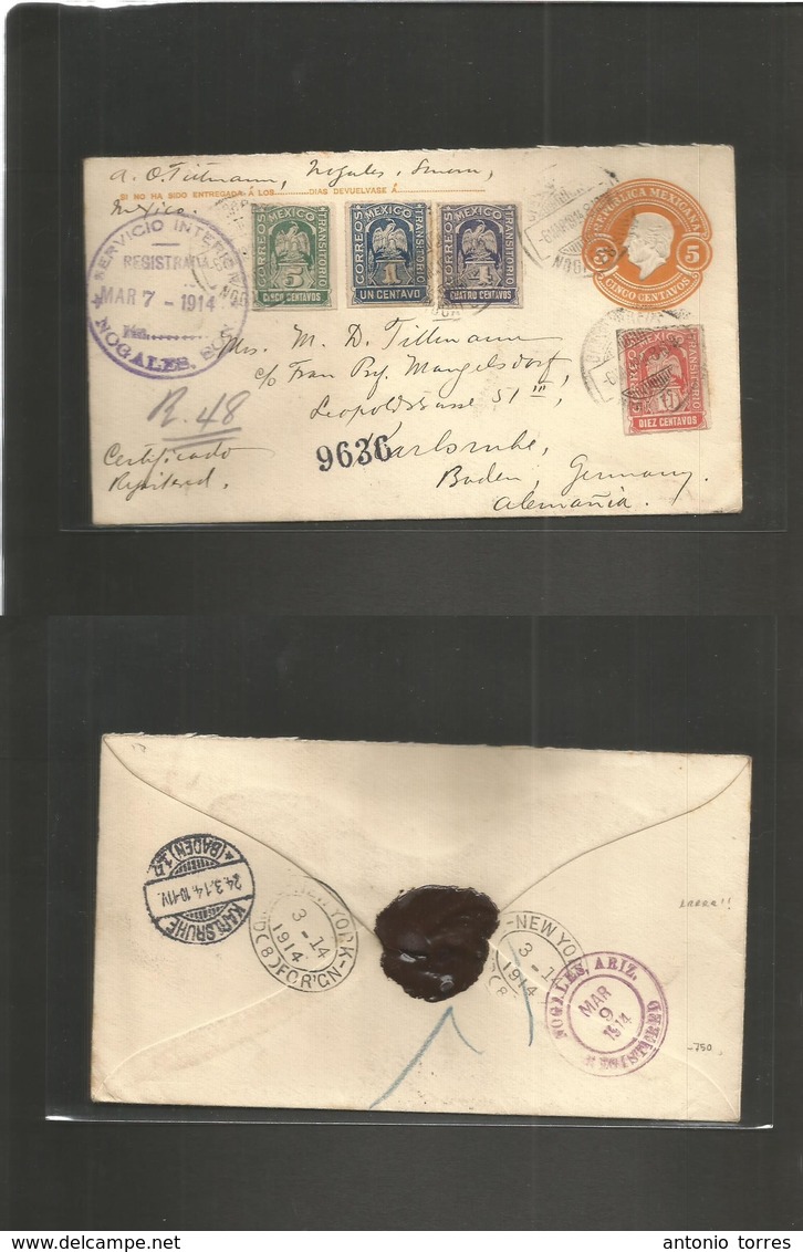 Mexico - Stationery. 1914 (6 Marzo) Nogales, Sonora - Germany, Baden, Karlsrube (24 March) Via Nogales, Arizona - NYC. R - Mexique
