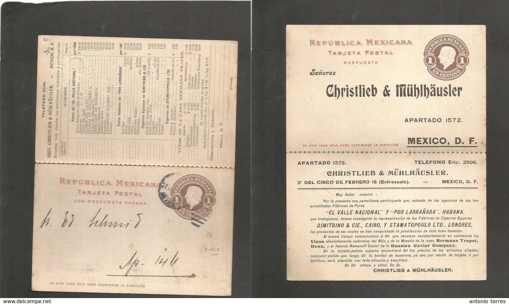 Mexico - Stationery. C. 1920. Local Mexico DF Usage. Doble 1c Brown Stat Card With Printed Private Reply Request. Christ - Mexique