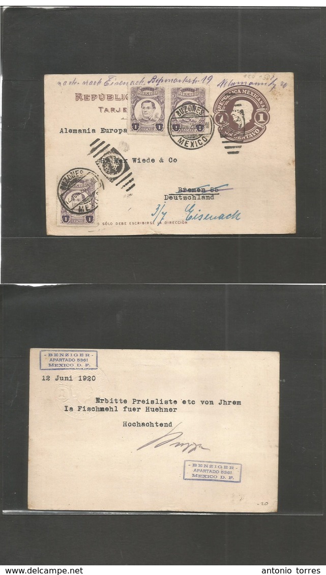 Mexico - Stationery. 1920 (12 June) DF - Germany, Eisnach. 1c Lilac Stat Card + 3 Provisionals, Tied Grill Rolling Cds.  - Mexique
