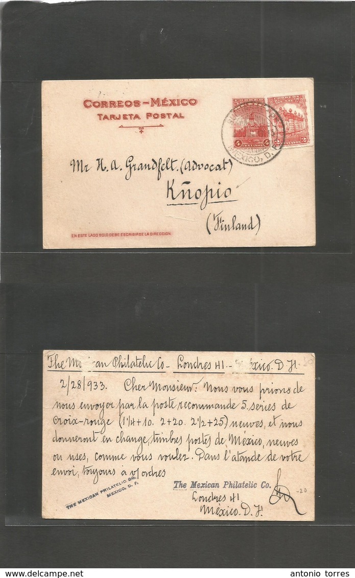 Mexico - Stationery. 1933 (28 Feb) DF - Finland, Kuopio. 4c Red Monument Stat Card + Adtl, Cds. Nice Usage + Dest. - Mexique