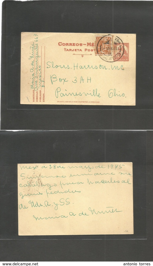 Mexico - Stationery. 1945 (28-31 Marzo) Oficina De Tranvias - USA, OH, Painesville. 4c Red / Yellow Stat Card + 1c Adtl, - Mexique