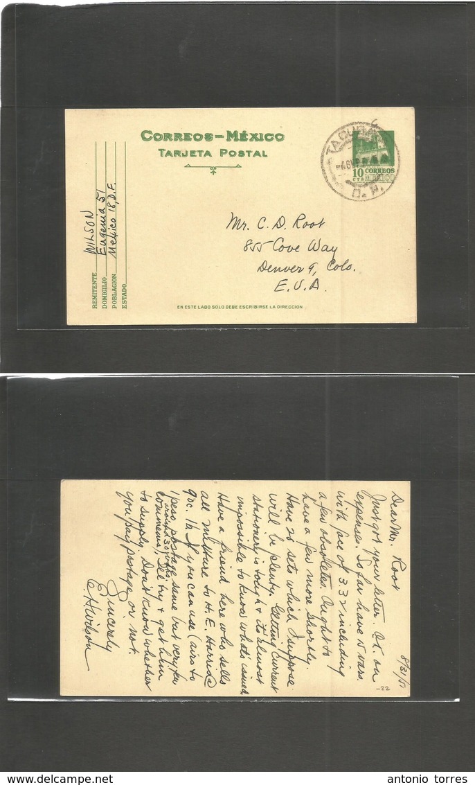 Mexico - Stationery. 1951 (31 Ago) Tacubaya - USA, Denver, Cº. 10c Green Stat Card. Third Group Monuments. Fine. - Mexique