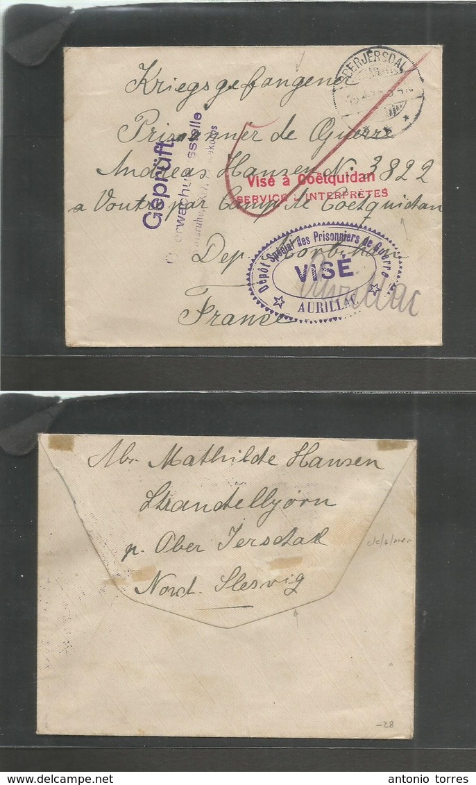 Military Mail. 1916 (19 April) POW WWI. Oberjersdal, North Sleswig - France, Free From Envelope Usage With 4 Diff Censor - Poste Militaire (PM)