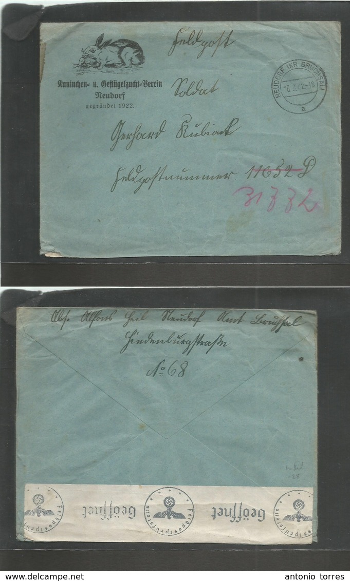 Military Mail. 1942 (6 March) WWII. Neudorf Ikr Bruchsal. Rabbit Illustrated Envelope. Feldpost 11652D Moked To 31882. R - Poste Militaire (PM)