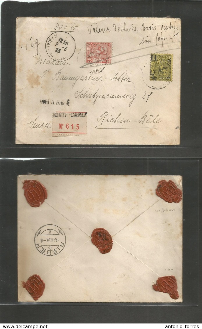 Monaco. 1923 (2 March) Montecarlo - Switzerland, Bale (4 March) Registered Insured For 300 Frs. Multifkd Envelope (x5) R - Autres & Non Classés