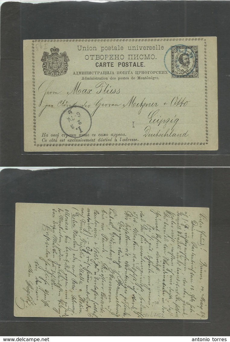 Montenegro. 1889 (14 March) Brünn - Germany, Leipzig. Black Early Stationary Card, Blue Cds + Arrival Cachet. Proper Usa - Montenegro