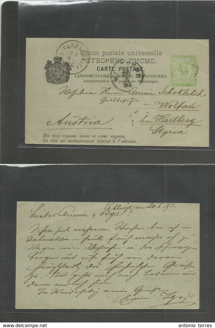 Montenegro. 1890 (20 May) Cettinje - Styria, Austria (26 May) Via Farkas Falva. Early Green Stat Card, Proper Long Famil - Montenegro