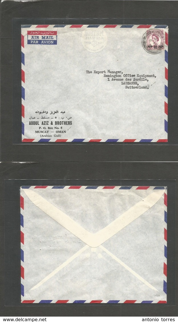 Muscat. 1957 (9 Feb) GPO - Switzerland, Lausanne. Air Single Fkd Env. Q EII NP 40, Cds. Fine Comercial Envelope. - Oman
