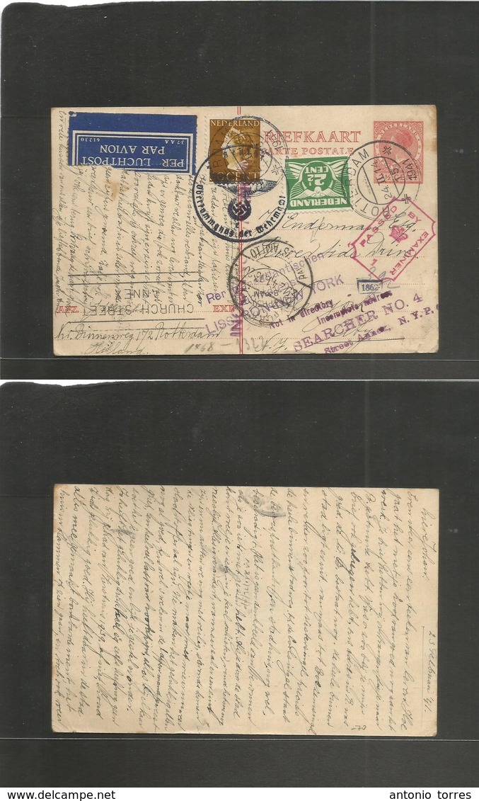 Netherlands. 1941 (24 Febr) Rotterdam - USA, NY. Air Fkd Adtl 7 1/2c Red Stat Card + Nazi + British Censored + Lisbon -  - Autres & Non Classés