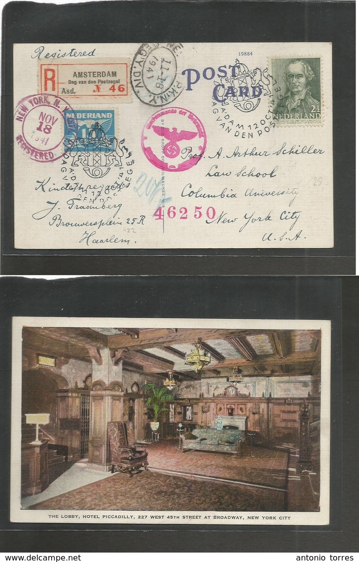 Netherlands. 1941 (12 Oct) Amsterdan - USA, NYC (18 Nov) Registered Com Frkd Card, Special Cachet. Fine. - Autres & Non Classés