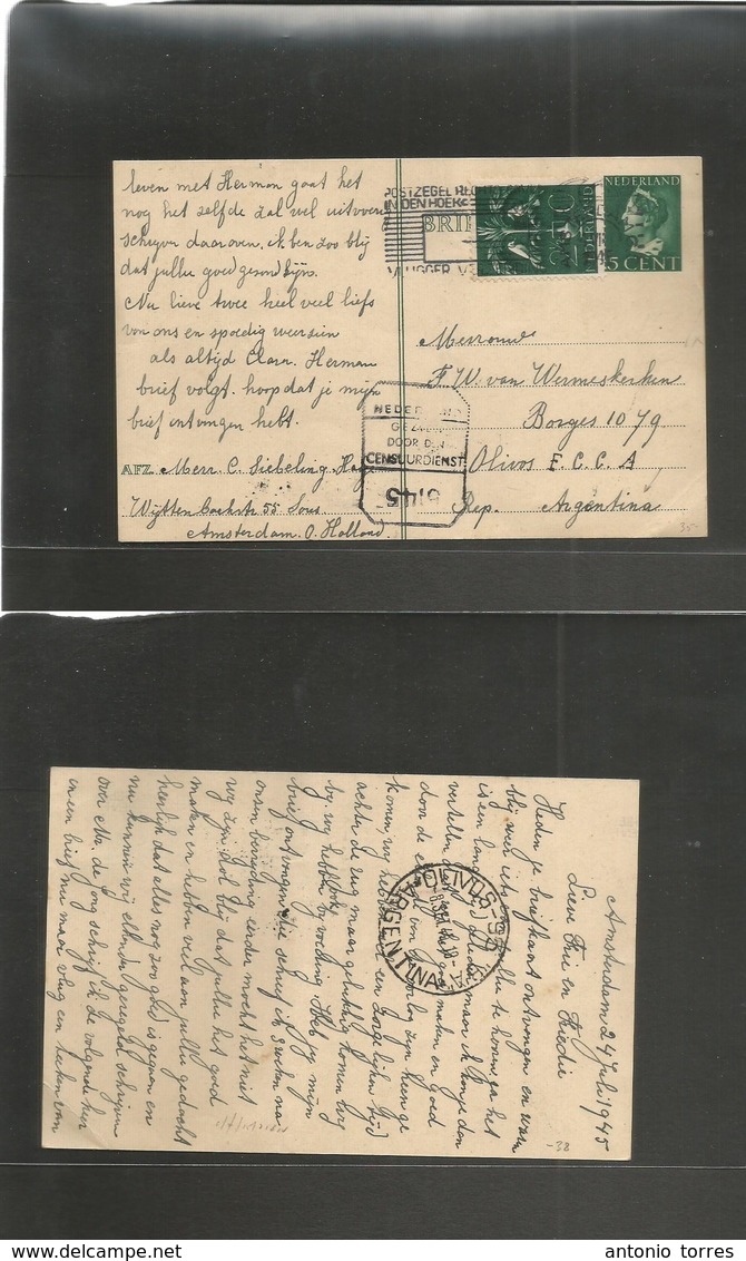 Netherlands. 1945 (24 July) Amsterdam - Argentina, Olivos Railway Station (8 Sept) 5c Green Stat Card + Adtl + Slogan Ca - Autres & Non Classés