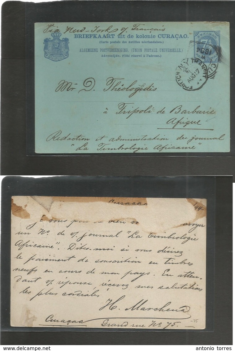 Curaçao. 1894 (Aug) GPO - Africa, Tripoli, Libia 7 1/2c Blue Stat Card. Via NYC. Fine And Very Rare Destination. - Curaçao, Antilles Neérlandaises, Aruba