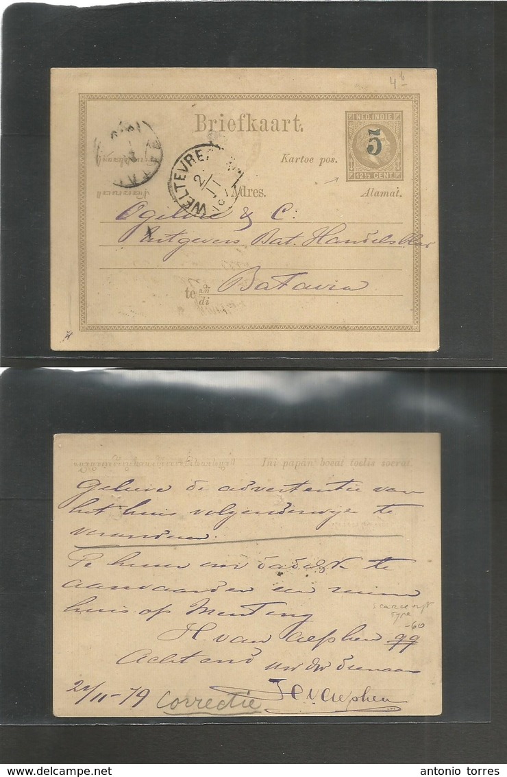 Dutch Indies. 1879 (20 Nov) Weltevreden - Batavia (21 Nov) 5c /12 1/2c Blue Overprinted Stationary Early Card On Fine Ea - Indes Néerlandaises