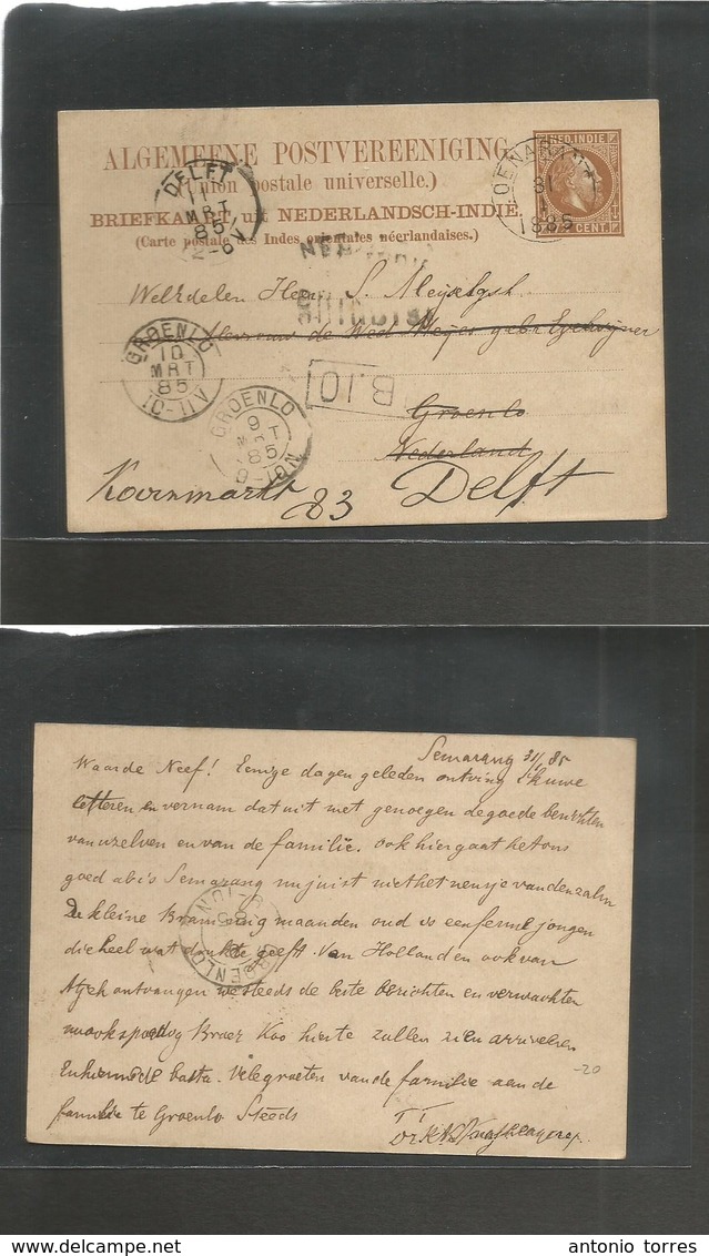 Dutch Indies. 1885 (31 Jan) Semarang - Netherlands, Deft (9-11 March) 7 1/2c Brown Stat Early Card. Fine Used + Brindisi - Indes Néerlandaises