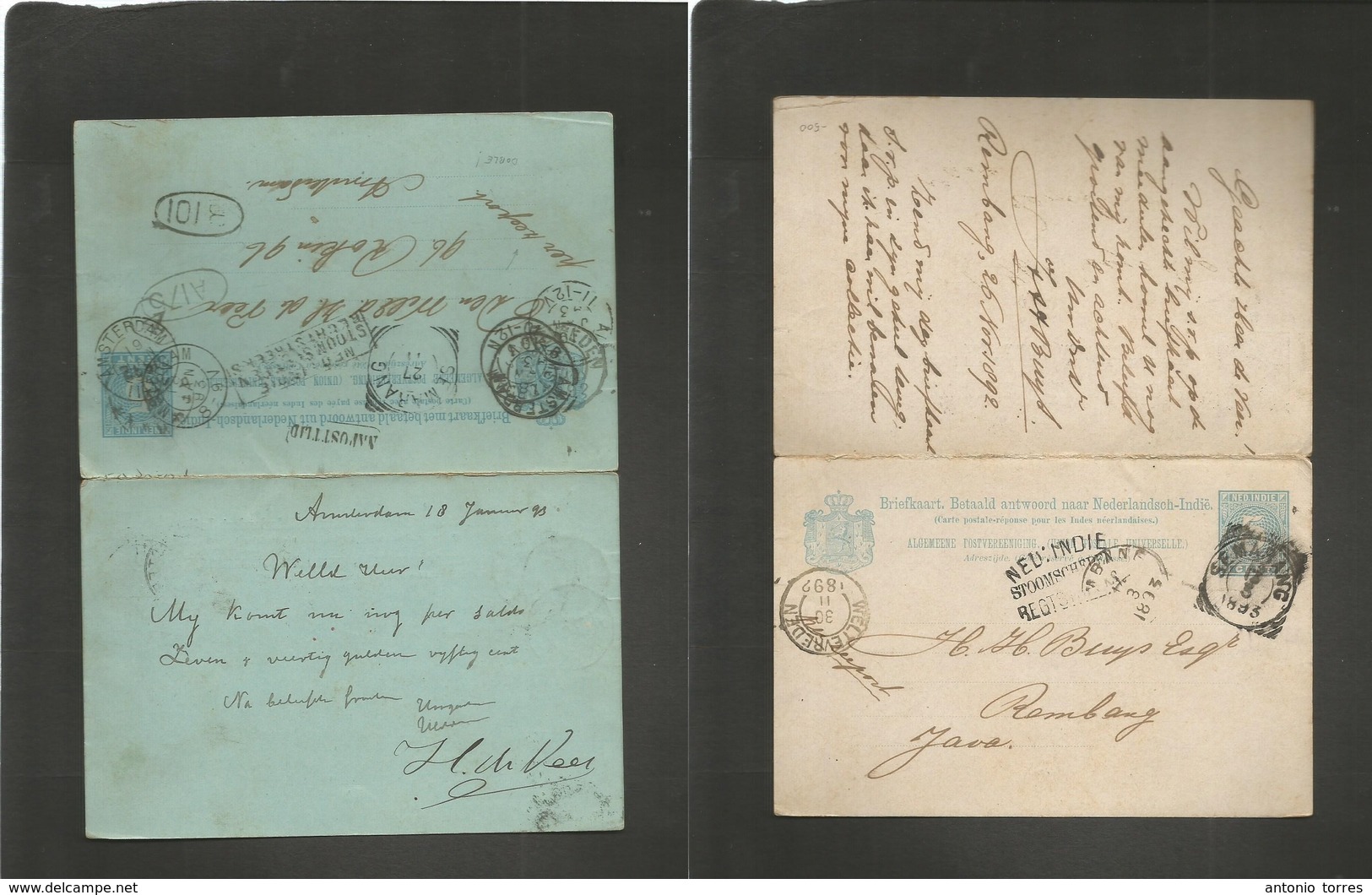 Dutch Indies. 1892 (26 Nov) Rembang - Netherlands, Amsterdam (18 Jan 93) And Returned. An Extraordinary 5c Blue Doble St - Indes Néerlandaises