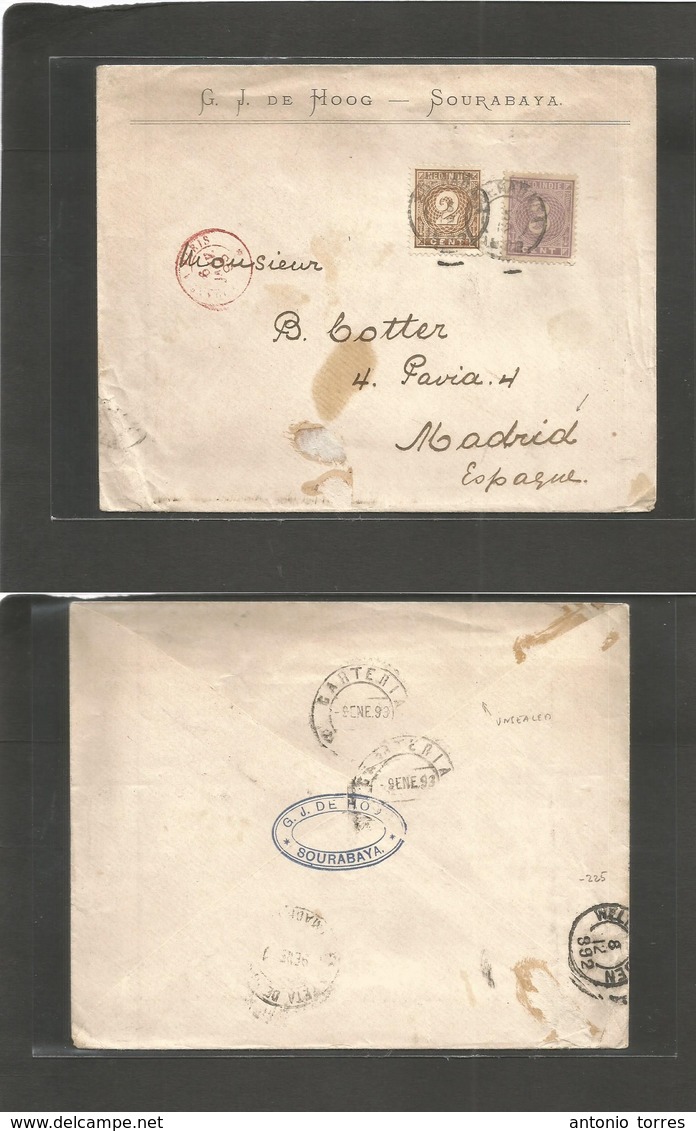 Dutch Indies. 1892 (5 Dec) Sourabaya - Spain, Madrid (9 Jan 93) Unsealed Multifkd Envelope At Pm Rate, Cds Via Paris (6  - Nederlands-Indië