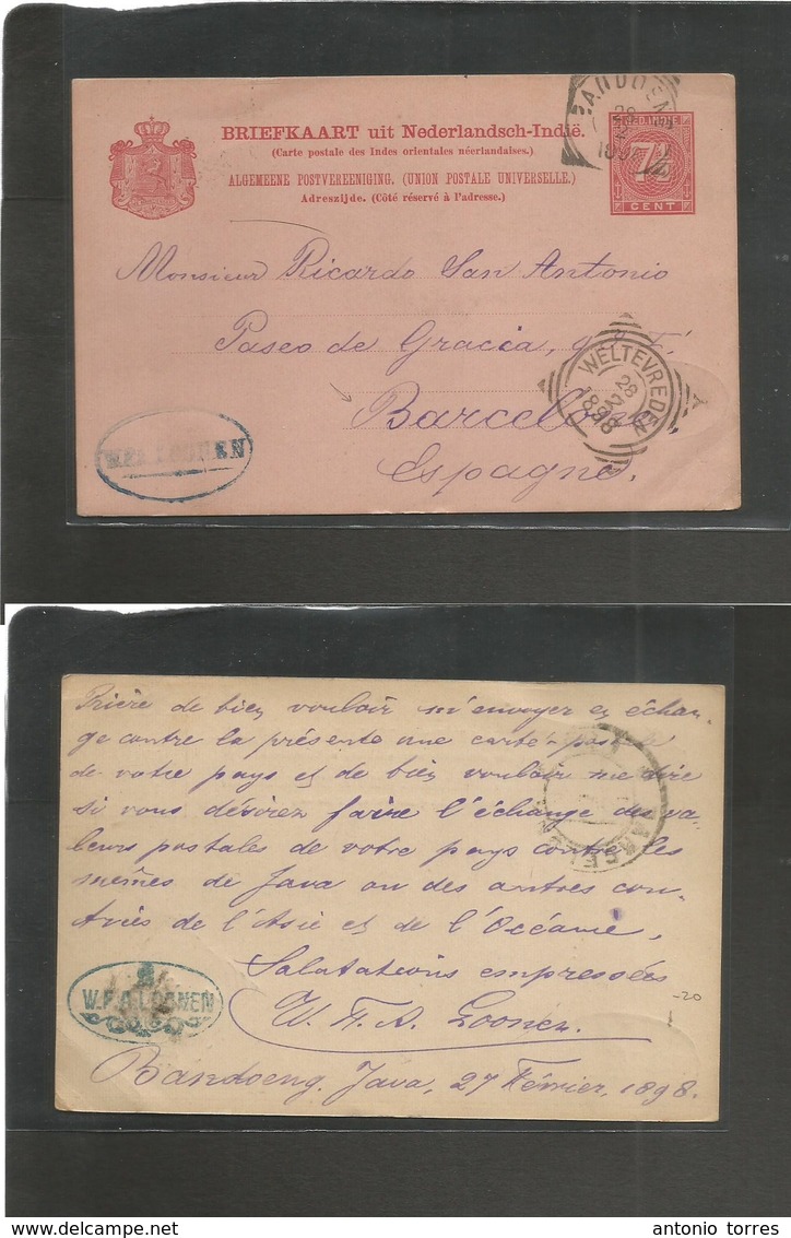 Dutch Indies. 1898 (27 Febr) Java - Spain, Barcelona. 7 1/2c Red / Rose Stat Card. Via Bundoeng - Wettevreden. Scarce De - Indes Néerlandaises