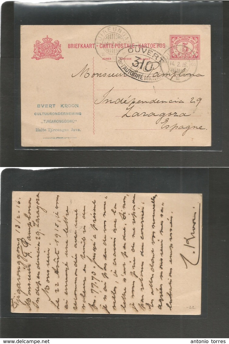 Dutch Indies. 1916 (13 Feb) Tjigarongyong - Spain, Zaragoza, Central East Spain 5c Red Stat Card. Better Rare Destinatio - Indes Néerlandaises