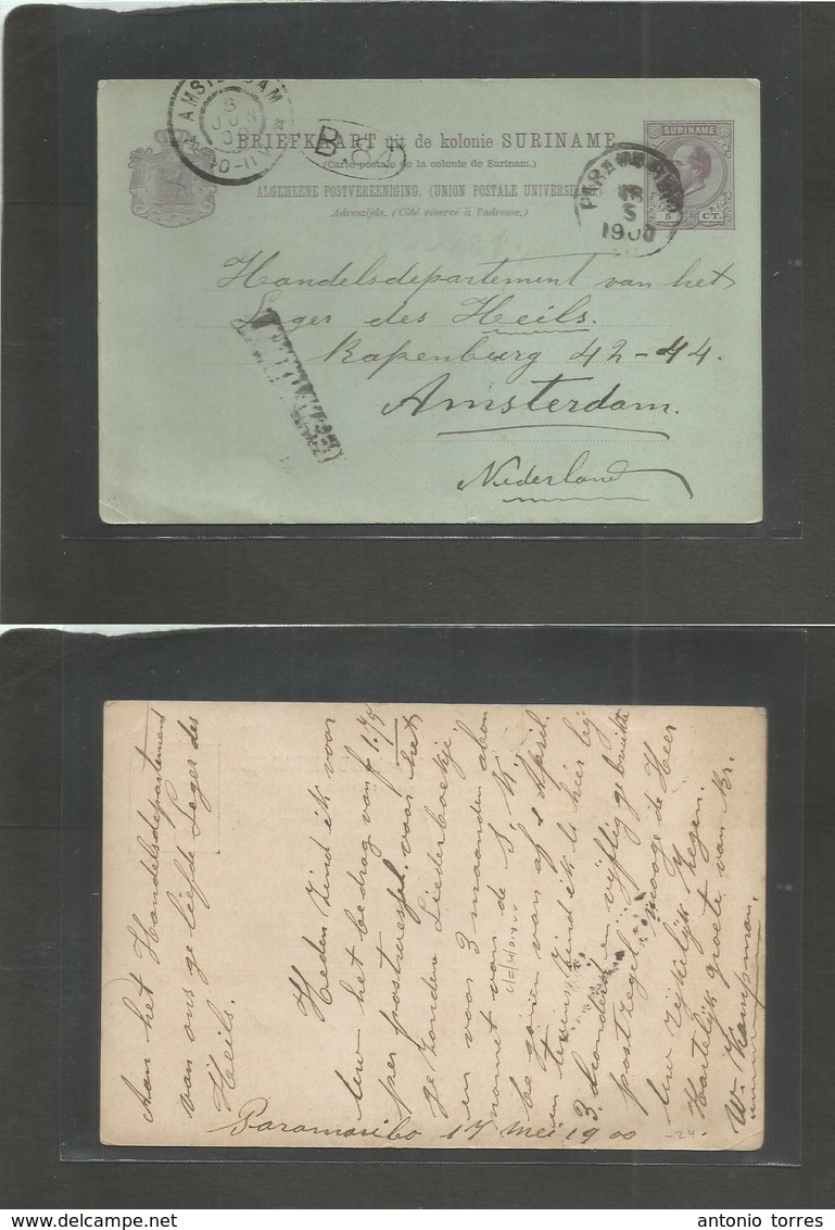 Suriname. 1900 (17 May) Panamaribo - Netherlands, Amsterdan (8 June) 5c Lilac / Bluish Stat Card, Stline + Cds. Fine - Surinam