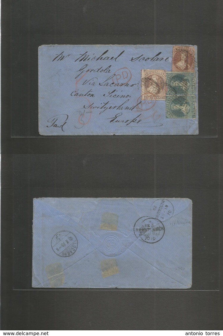 New Zealand. 1870 (18 Aug) Greymouth - Switzerland, Tiano, Gordola. Via Locarno (30 Oct) Multifkd Envelope Bearing 1d Li - Autres & Non Classés