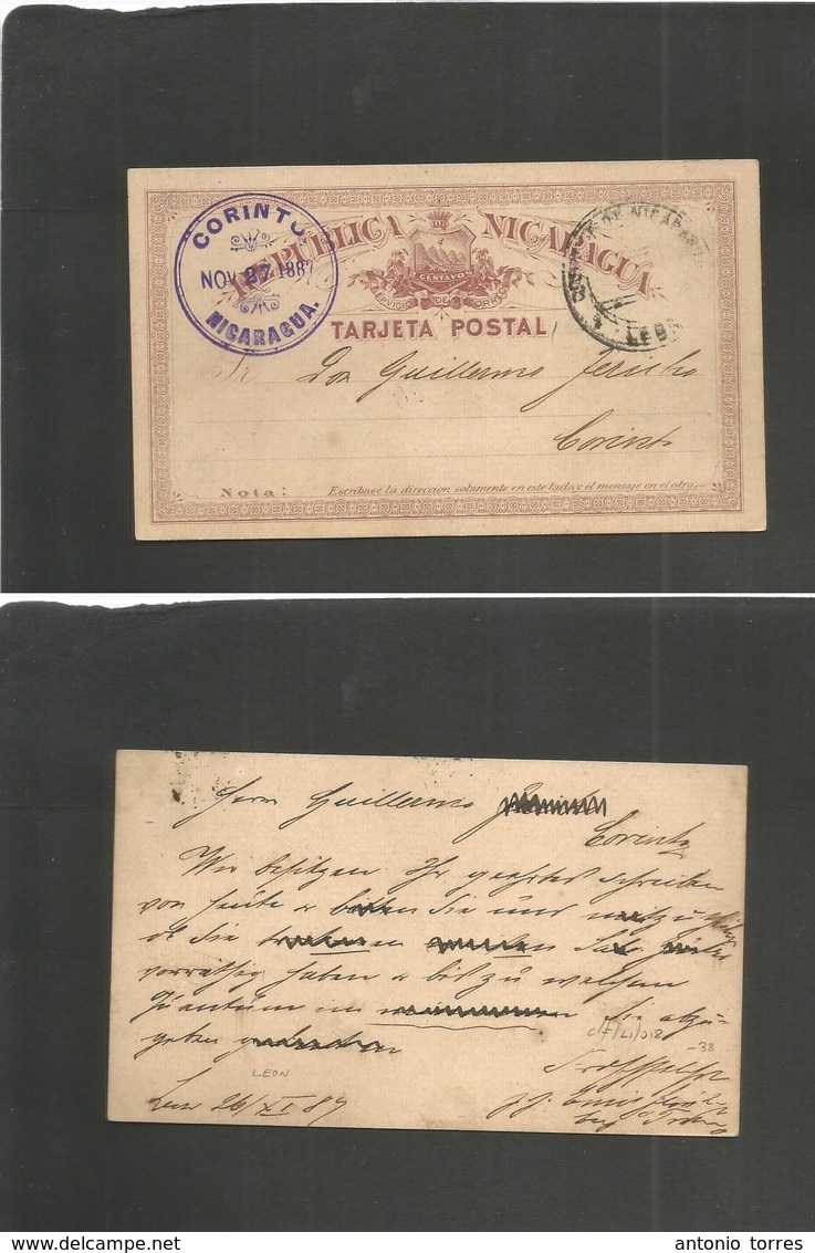 Nicaragua. 1887 (26 Nov) Leon - Corinto (27 Nov) Early Internal Usage Of 2c Lilac Stationary Card. Fine Comercial Text. - Nicaragua