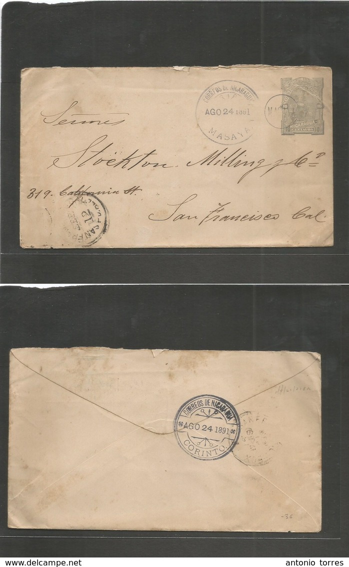 Nicaragua. 1891 (24 Ago) Masaya - USA, SF, CA (12 Sept) 10c Grey / Cream Stat Envelope. Fine Used. Scarce Item Circulati - Nicaragua