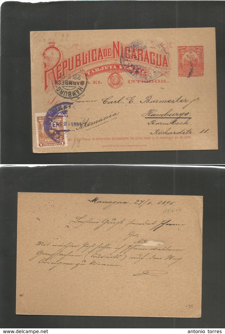 Nicaragua. 1895 (27 Jan) Managua - Germany, Hamburg (23 Febr) 2c Red Stat Card + 1c Adtl, Cds Lilac Cachet + Arrival. Fi - Nicaragua
