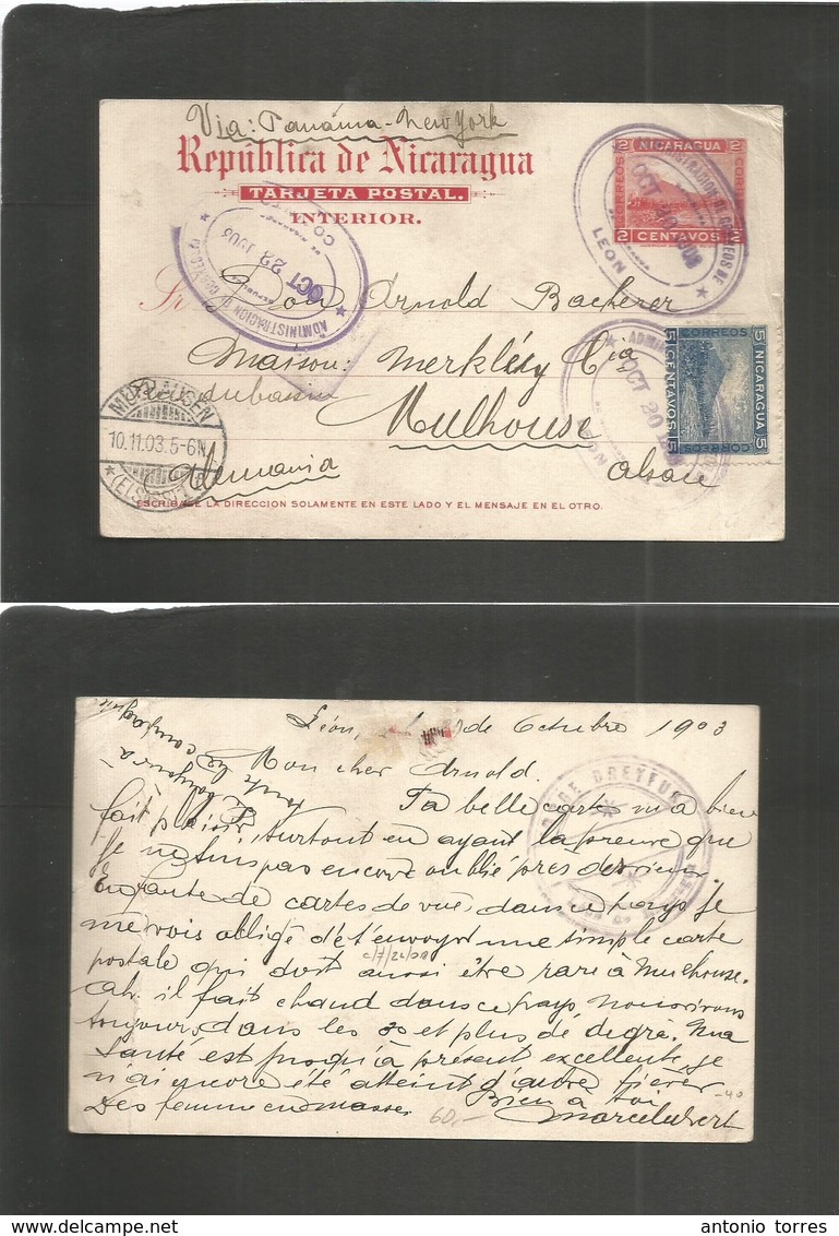 Nicaragua. 1903 (27 Oct) Leon - Germany, Mulhouse (10 Nov) 2c Red Stat Card + 5c Adtl, Oval Lilac Cachet + Arrival Cds.  - Nicaragua
