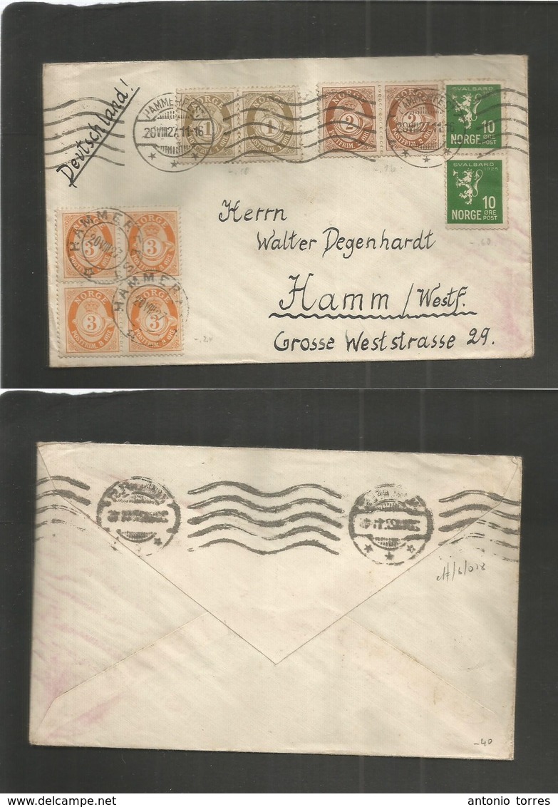 Norway. 1927 (20 Aug) Hammerfest - Germany, Hamm, Wefalic. Multifkd Mixed Issues Envelope. Lovely Usage Incl Block Of Fo - Altri & Non Classificati