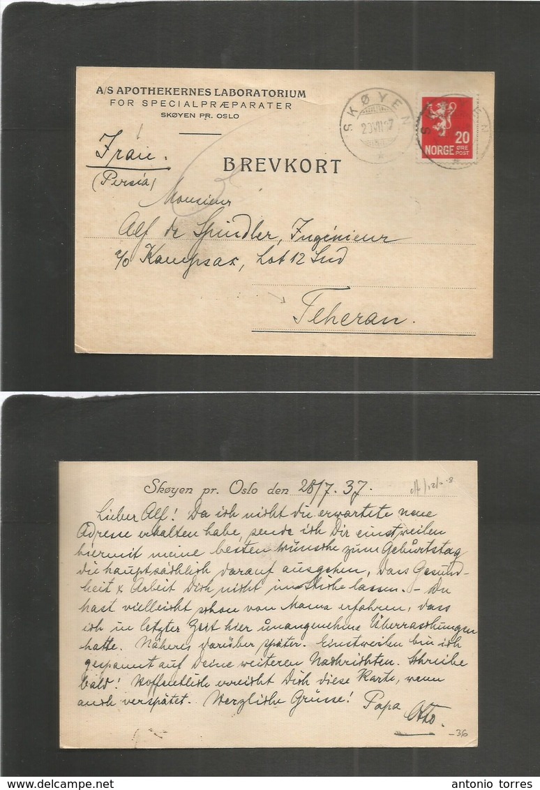 Norway. 1937 (20 July) Skoyen - Persia, Teheran. 20ore Fkd Private Business Pharmacy Card. Rare Destination. - Autres & Non Classés