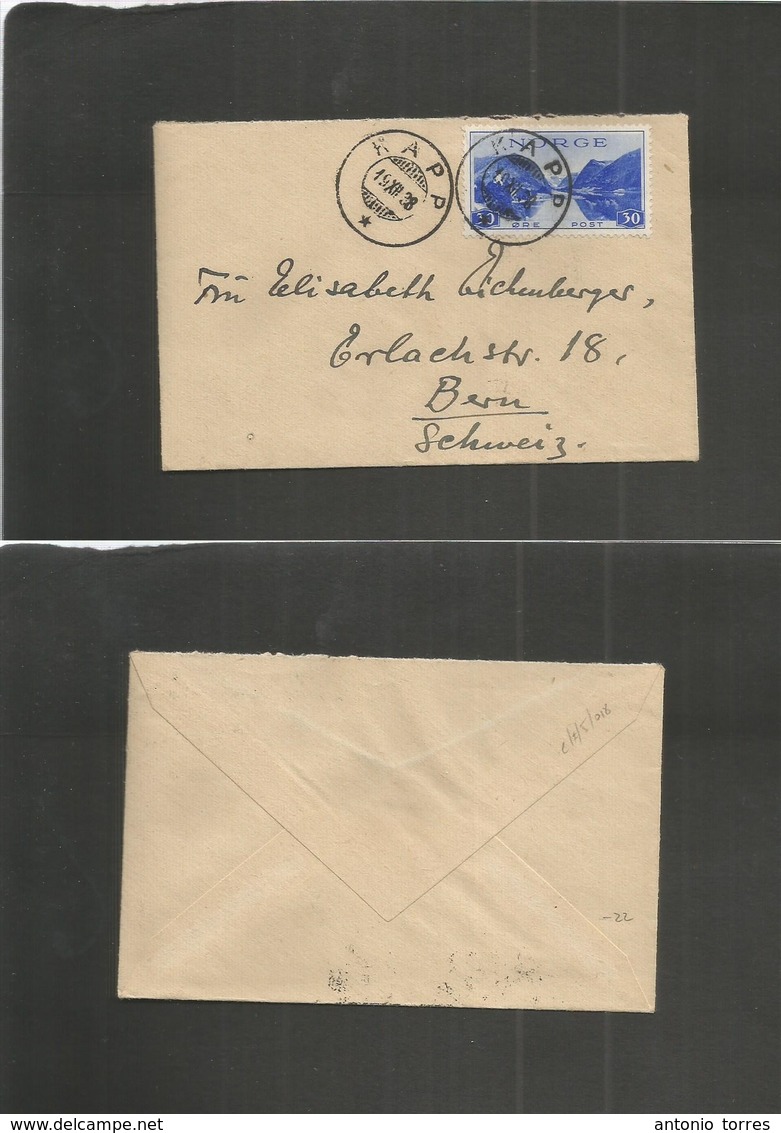 Norway. 1938 (19 Dec) Kapp - Switzerland, Bern. Single 30 Ore Blue Fkd Envelope Lovely Usage. - Sonstige & Ohne Zuordnung