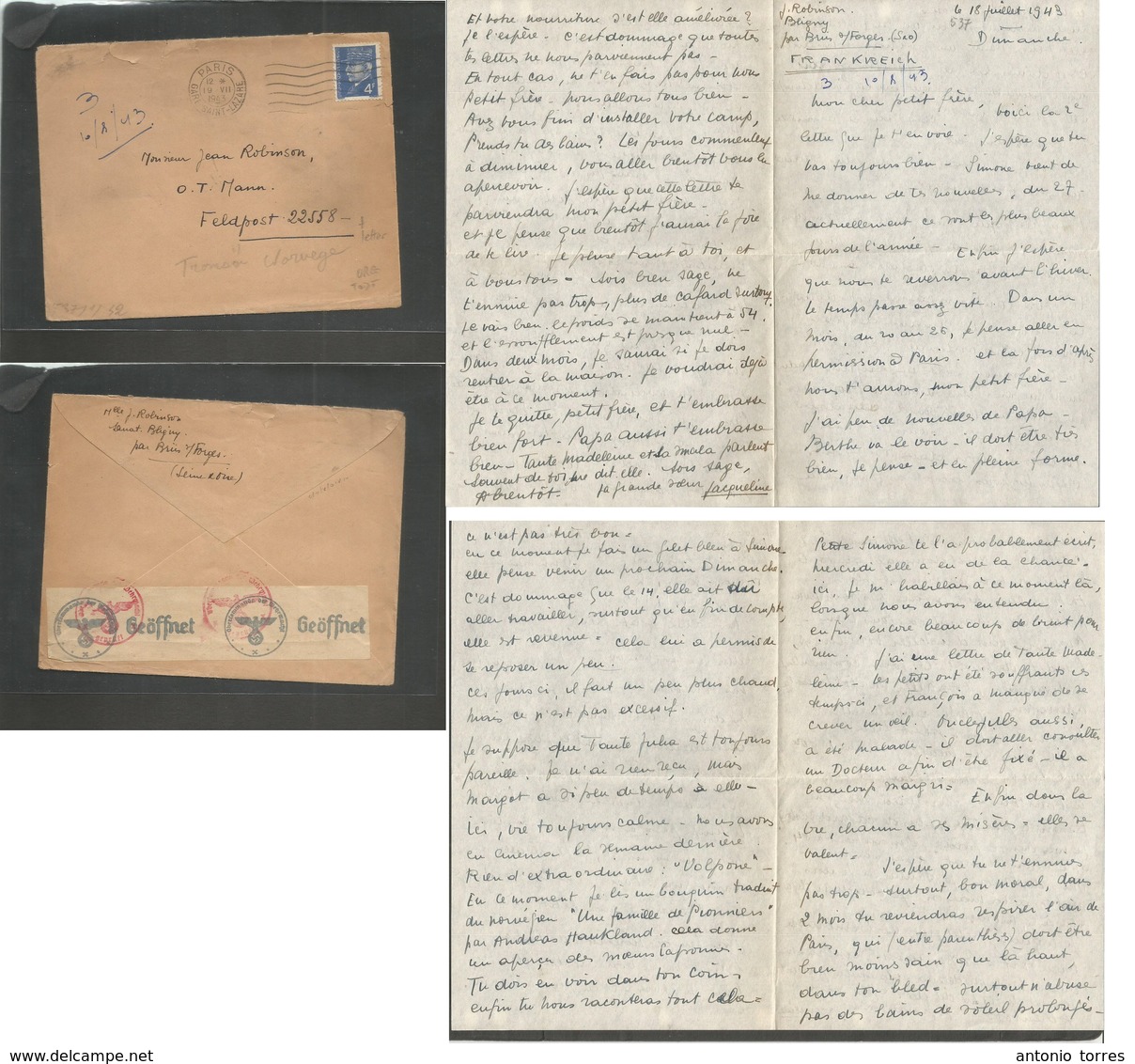 Norway. 1943 (19 July) France Petain. Fkd Envelope With Contains. Paris - Feldpost 22558 / OT Mann Tromse, Norway (10 Au - Autres & Non Classés