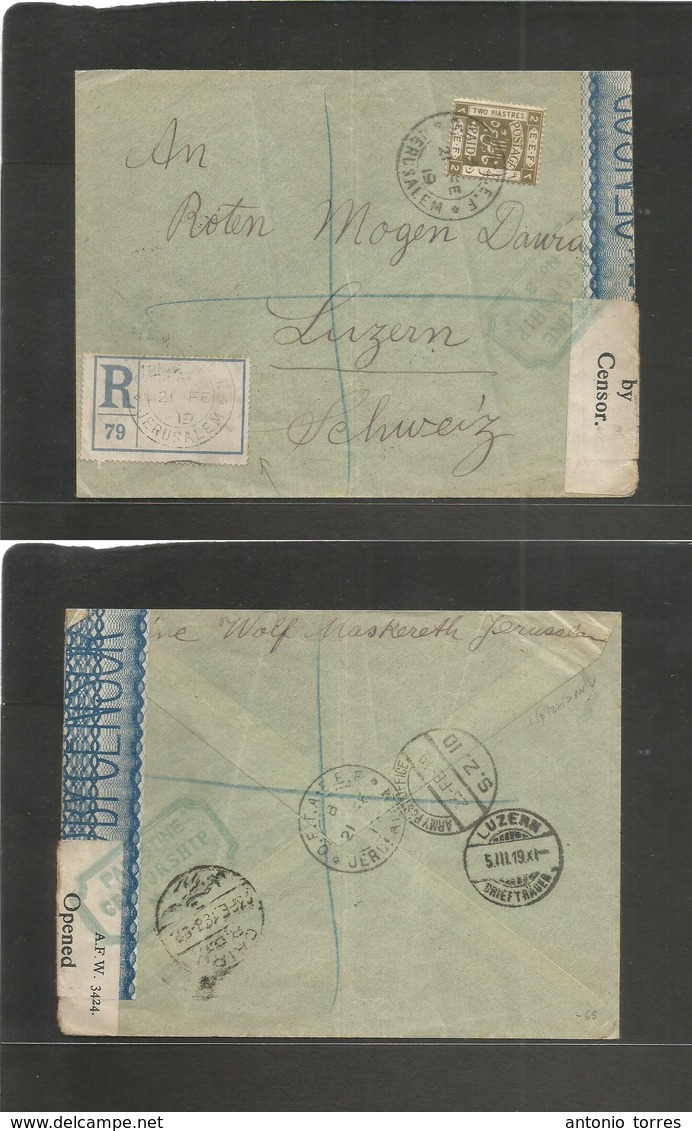 Palestine. 1919 (21 Febr) EEF. Jerusalem - Switzerland, Luzern (5 March) Registered Single 2 Piaster Perf Fkd Env + Depa - Palestine