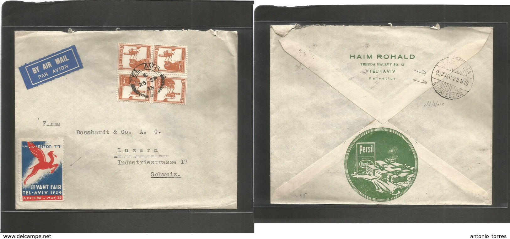 Palestine. 1938 (25 Sept) Airmail Via Hungary. Tel Aviv - Switzerland, Luzern. Air Multifkd Env Of 2 Pairs, Cds + Levant - Palästina