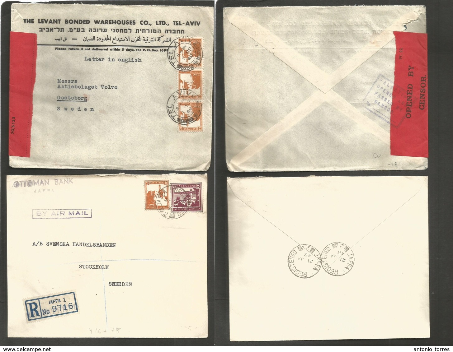 Palestine. 1940 (Jan-Sept) Pair Of Airmail Fkd Envelopes To Sweden. One Registered, Other Censored. VF Duo. - Palestine