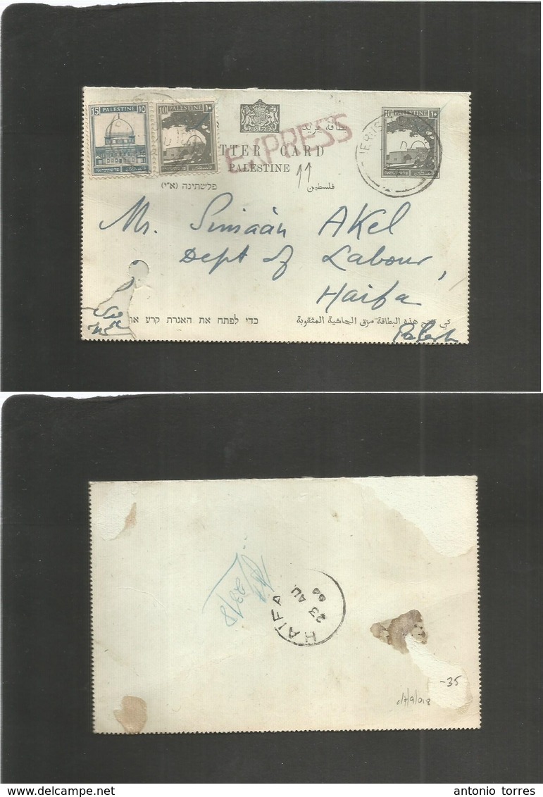 Palestine. 1944 (Aug) Jerusalem - Haifa. 10p Grey Stat Lettersheet (file Hole) + 2 Adtls, Tied On Rare Express Mail Post - Palestine
