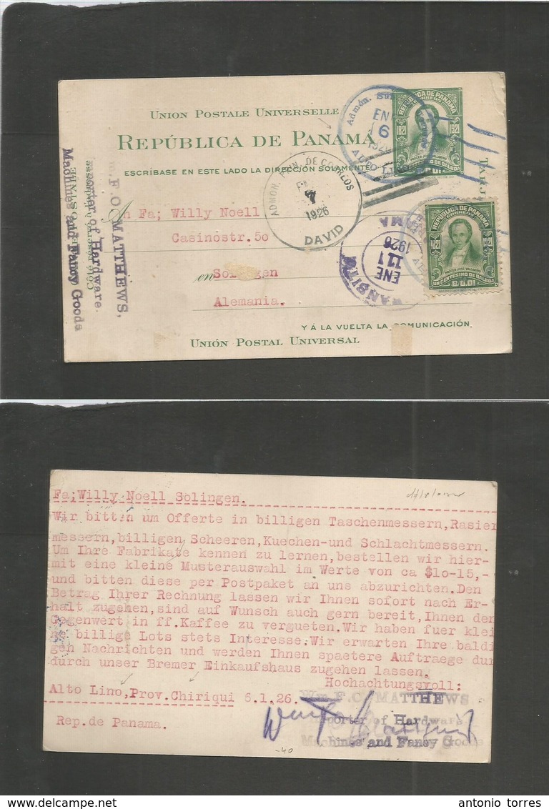Panama. 1926 (5 Jan) Alto Lino, Chiriqui, Germany, Solingen. Superb Billage Origin. 0,01 B Green Stat Card + Adtl Tied D - Panama