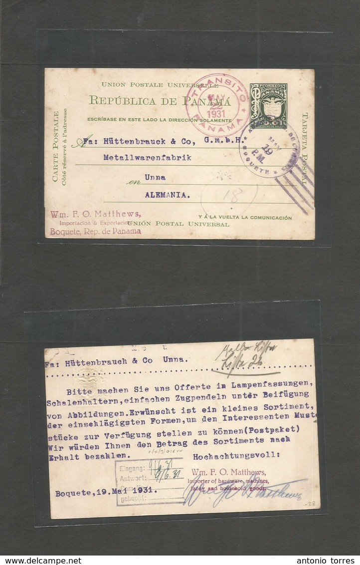 Panama. 1931 (19 May) Boquete - Germany, Unna. Via GPO (22 May) 0,01 Bo Green Stat Card. Fine Usage. - Panama