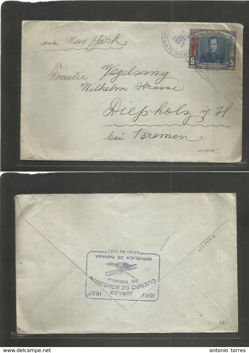 Panama. 1937 (28 Nov) Bocas De Toro - Germany, Diepholz. Via NY Single Red UPU Fkd 5c Envelope, Rolling Cachet. Reverse  - Panama