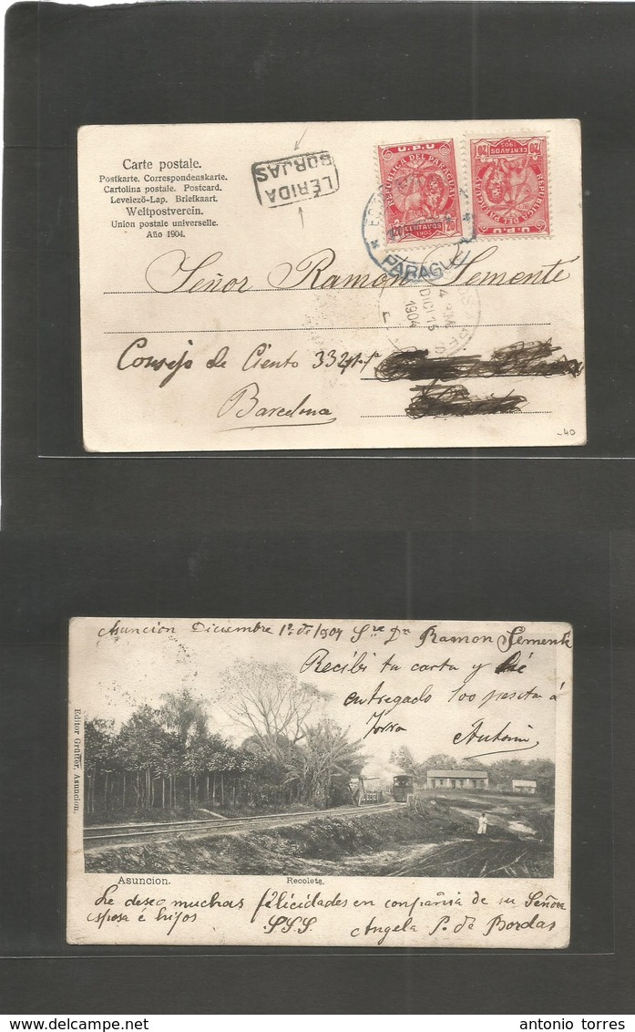 Paraguay. 1904 (Dec 11) Estafeta Fluvial Asunción - España, Barcelona, Fwded To Lerida, Boejos. Fkd Ppc 40c Rate Tied Bl - Paraguay