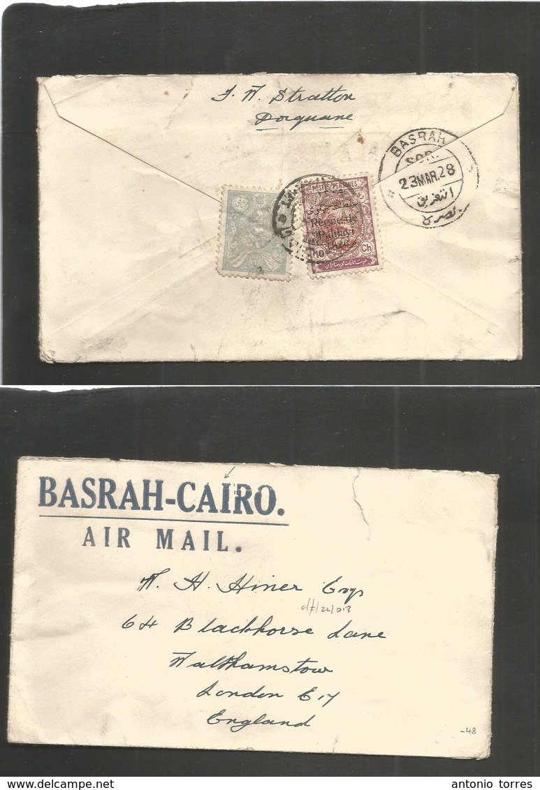 Persia. 1928 (March) Dorquane - UK, London. Reverse Multifkd Incl Ovptd Issue, Cds Via Iraq, Basrah (23 March) + Basrah  - Iran