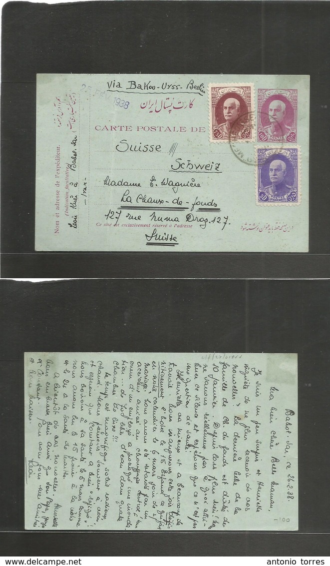 Persia. 1938 (26 Feb) Babel Sar - Switzerland, Le Chaux De Fonds. 10d Red / Bluish Card + 2 Adtls, Cds. Bia Bakou - Yyss - Iran