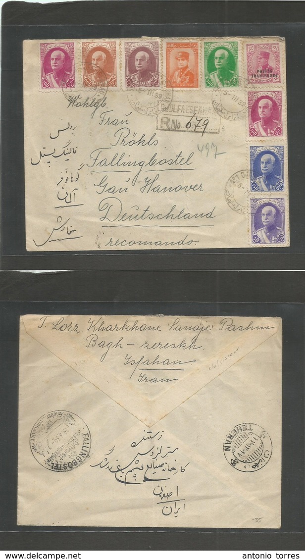 Persia. 1939 (5 March) Djulfa Esfahan - Germany, Falling Costel. Registered Multifkd Colorful Envelope. VF. - Iran