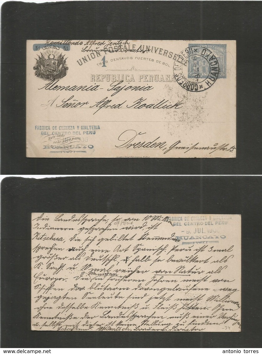 Peru. 1906 (9 July) Huancayo - Germany, Dresden. 1c Blue Ovptd Stat Card, Cds. Lovely Usage. - Pérou