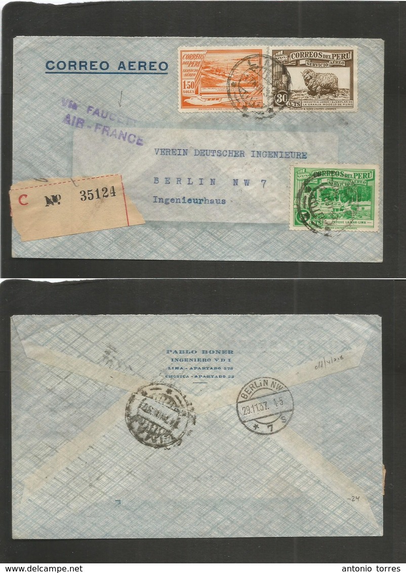 Peru. 1937 (17 Nov) Lima - Germany, Berlin (29 Nov) Registered Air Multifkd Envelope "via Faucett / Air France" Cachet ( - Pérou