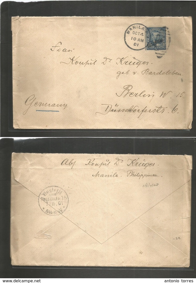 Philippines. 1901 (Oct 4) Manila - Germany, Berlin (7 Nov) Fkd Env 5c US Ovptd (cover With Triangles) Grill Cds. - Philippines