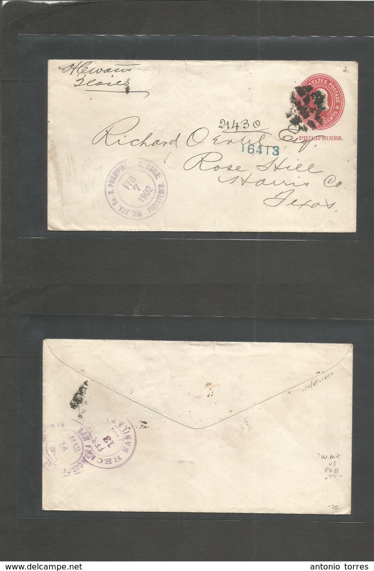 Philippines. 1902 (7 Feb) US Mil Sta Nº3 Ilo Ilo - Rose Hill, Texas, USA. U$ Ovptd Red 2c Stat Card, Paper Watermark "US - Philippines